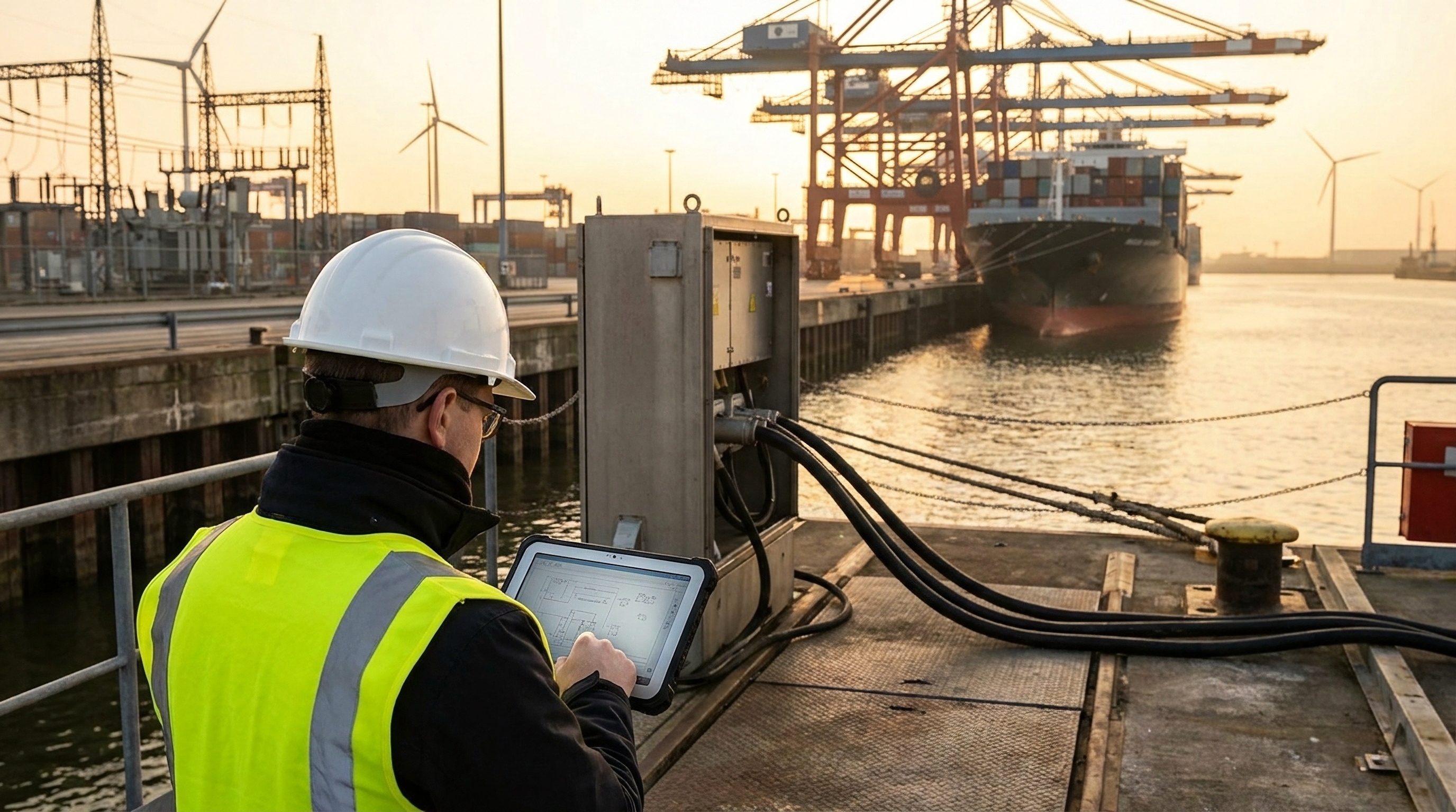 Engineer monitoring shore power
